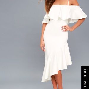 White Asymmetrical Off-the-Shoulder Midi Dress